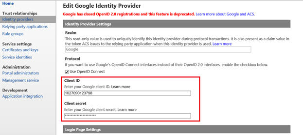 dialogové okno Upravit zprostředkovatele identity Google