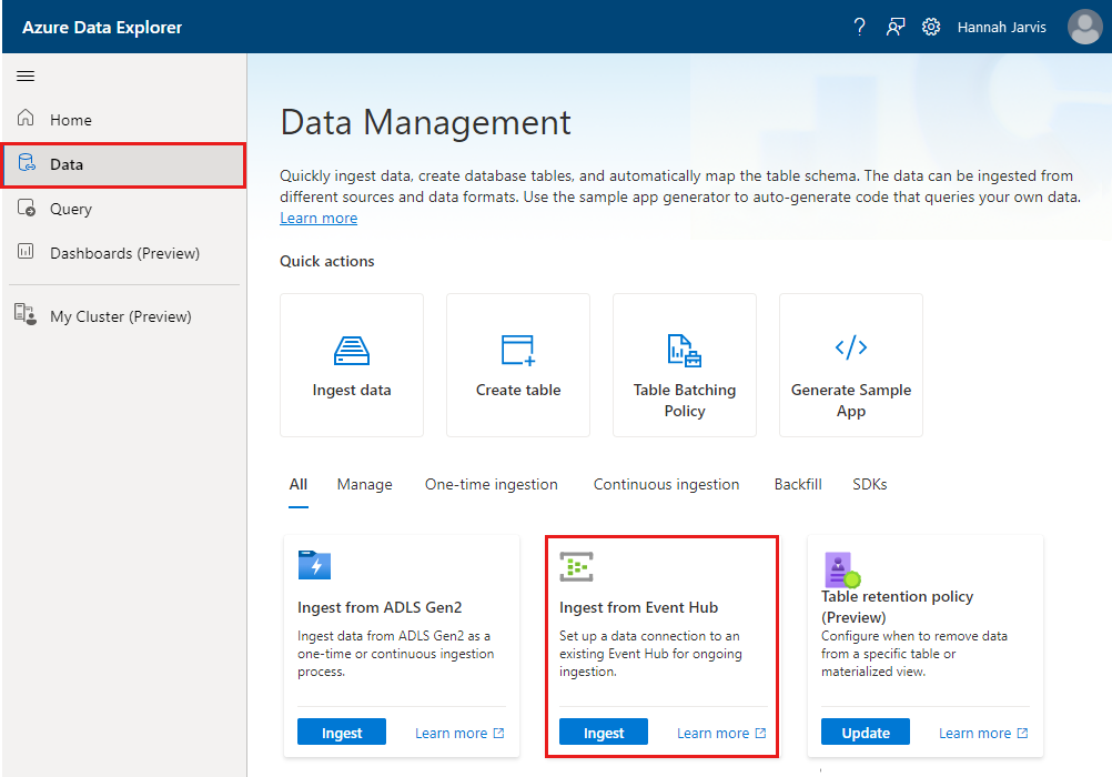 Snímek obrazovky s průvodcem příjmem dat ve webovém uživatelském rozhraní Azure Data Exploreru