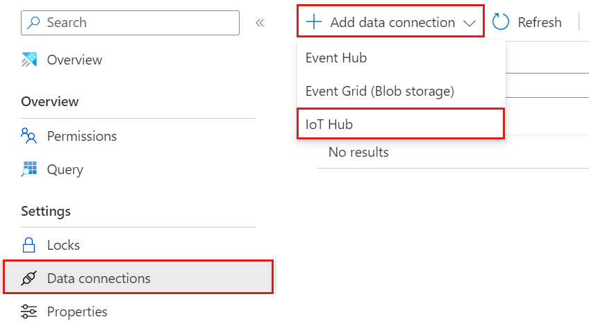 Snímek obrazovky s webovým uživatelským rozhraním Azure Data Exploreru zobrazující okno Pro příjem dat s vybranou kartou Přidat datové připojení