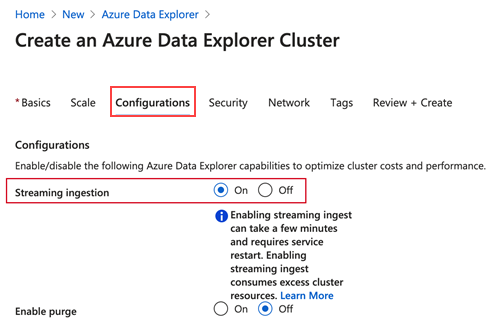 Povolte příjem dat streamování při vytváření clusteru v Azure Data Explorer.