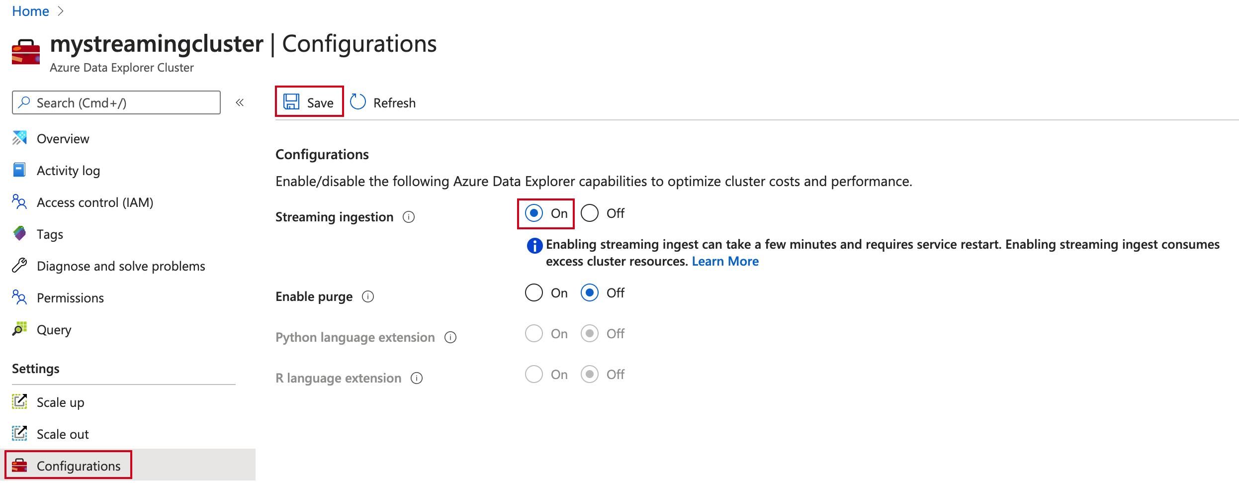 Zapněte příjem dat streamování v Azure Data Explorer.