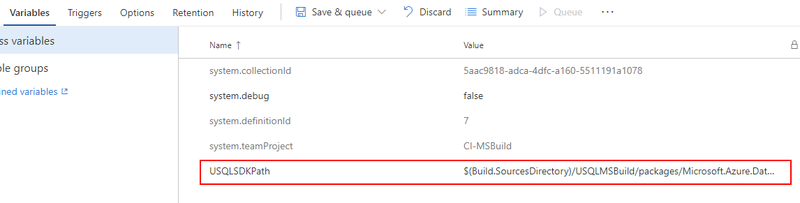 Definování proměnných NÁSTROJE MSBuild CI/CD pro databázový projekt U-SQL