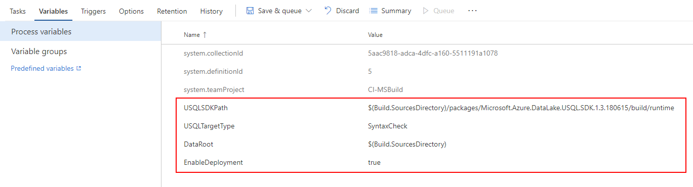 Definování proměnných CI/CD MSBuild pro projekt U-SQL