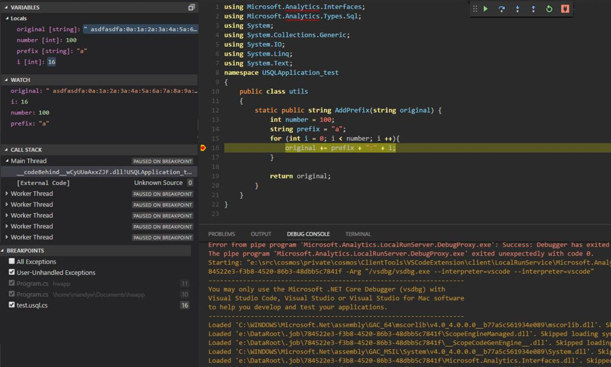 Výsledek místního ladění nástrojů Data Lake pro Visual Studio Code