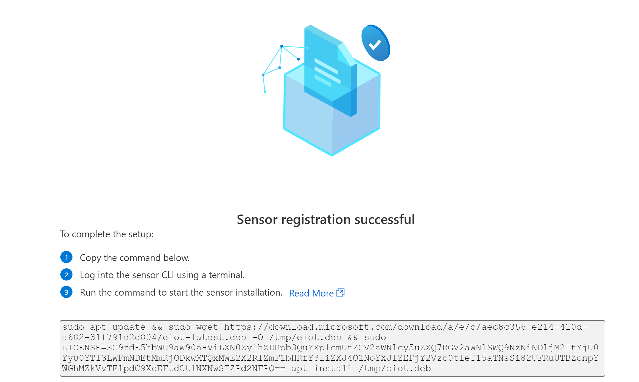 Snímek obrazovky úspěšné registrace senzoru Enterprise IoT