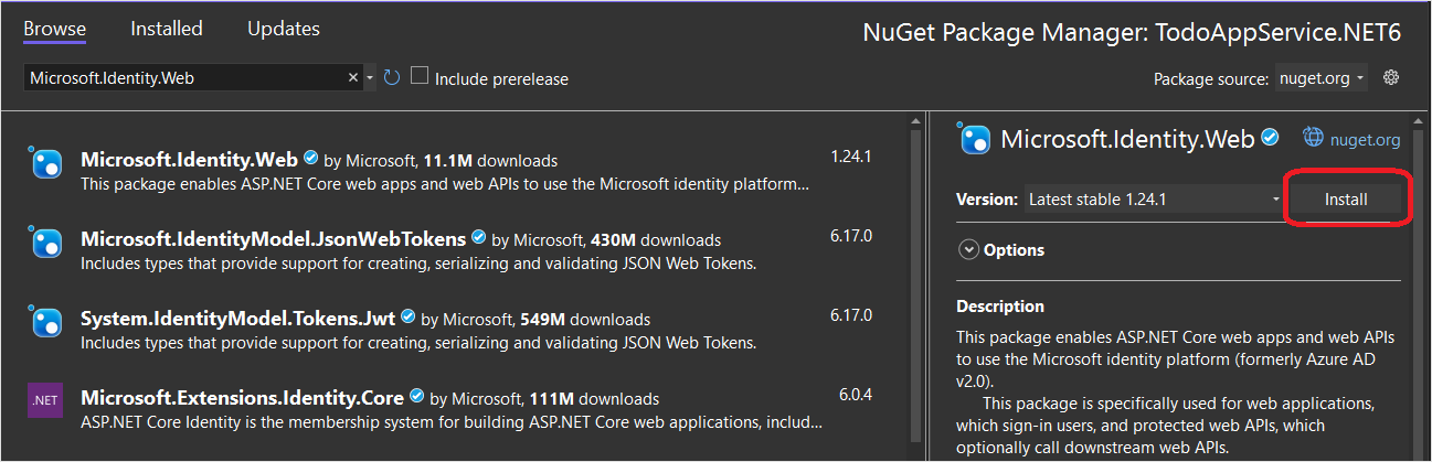 snímek obrazovky s přidáním nuGetu M S A L v sadě Visual Studio