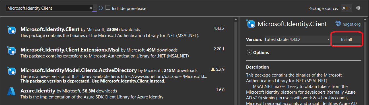 snímek obrazovky s výběrem balíčku MSAL NuGet v sadě Visual Studio