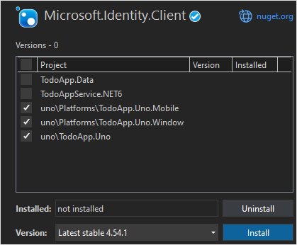 snímek obrazovky s výběrem balíčku MSAL NuGet v sadě Visual Studio