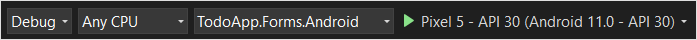 snímek obrazovky ukazující, jak nastavit konfiguraci spuštění pro aplikaci Xamarin Forms pro Android.