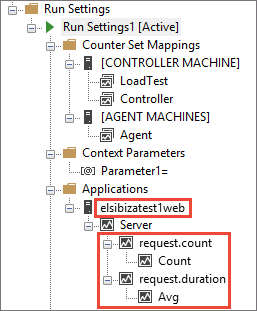 Performance counters shown in the load test project