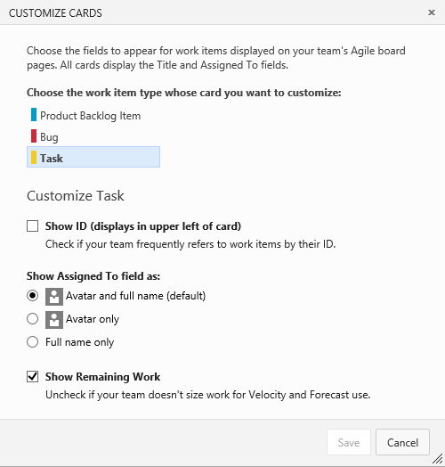 Card options on the Taskboard