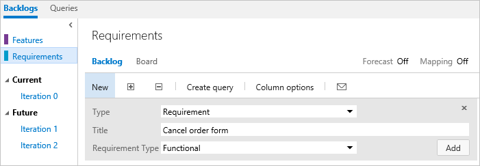 CMMI process, Quick add panel on the requirements backlog page