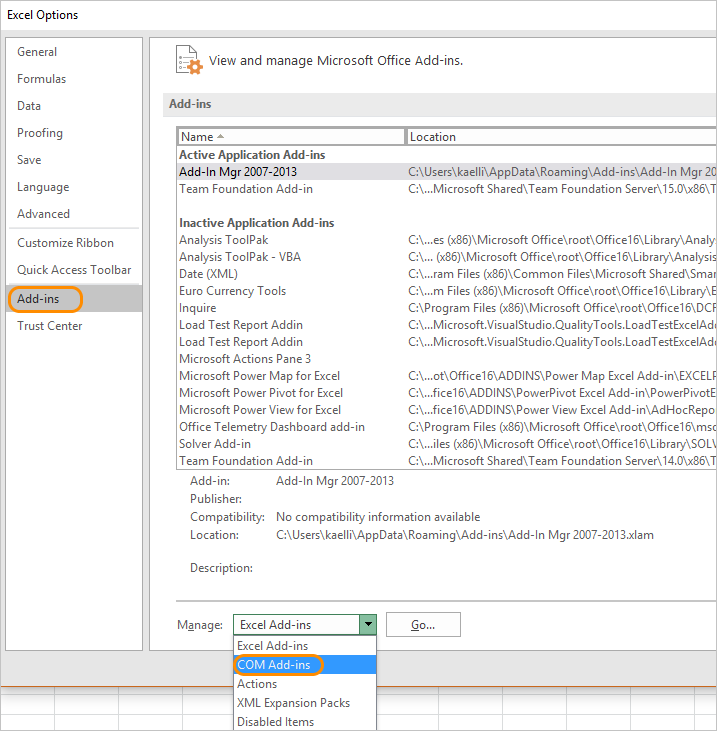 Excel Options, Add-ins, Choose Com Add-ins