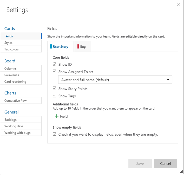 Kanban board common configuration dialog