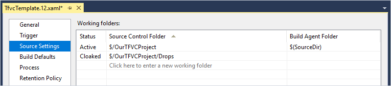 xaml build source settings tfvc