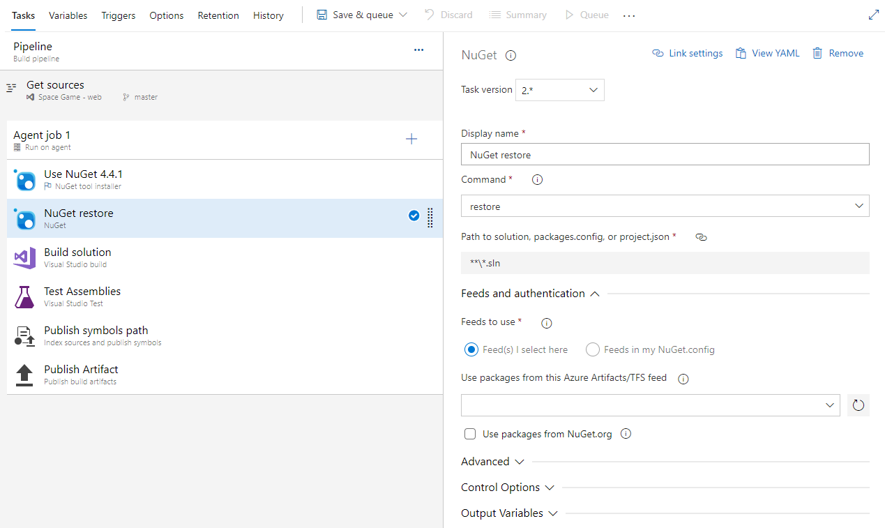 Screenshot showing how to configure the NuGet restore task.