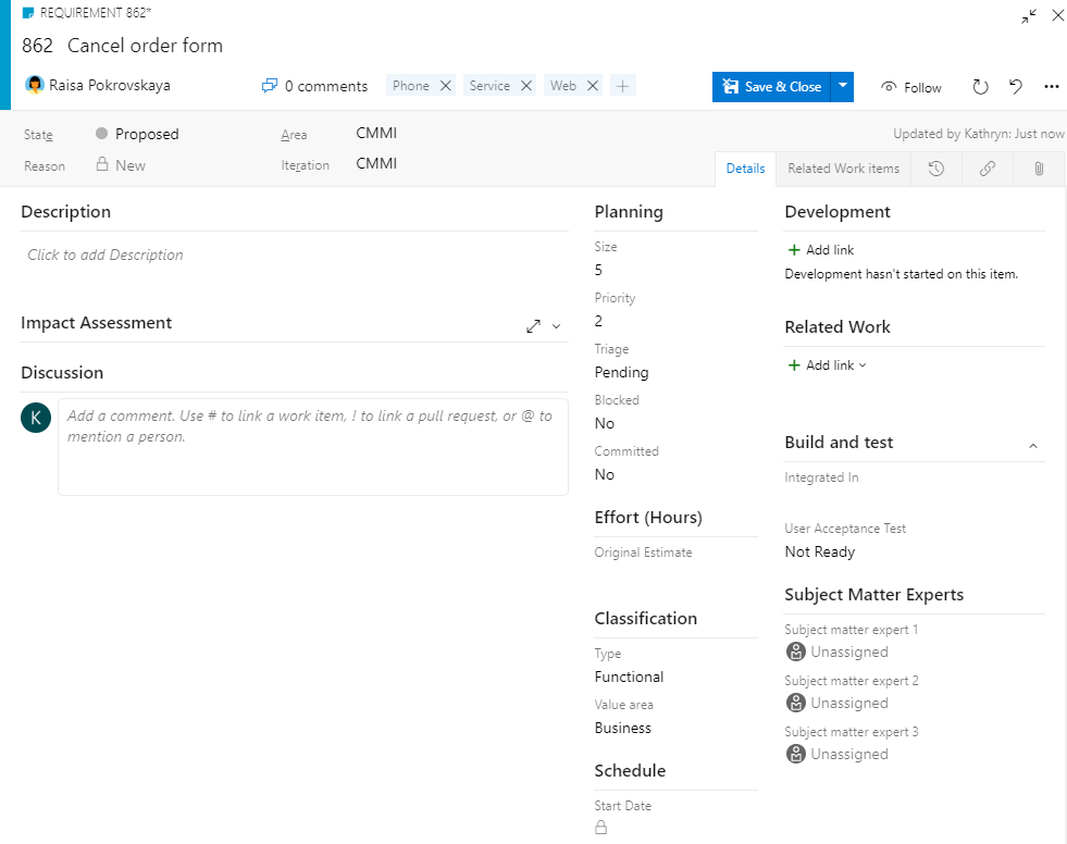 Screenshot of Requirement work item form.