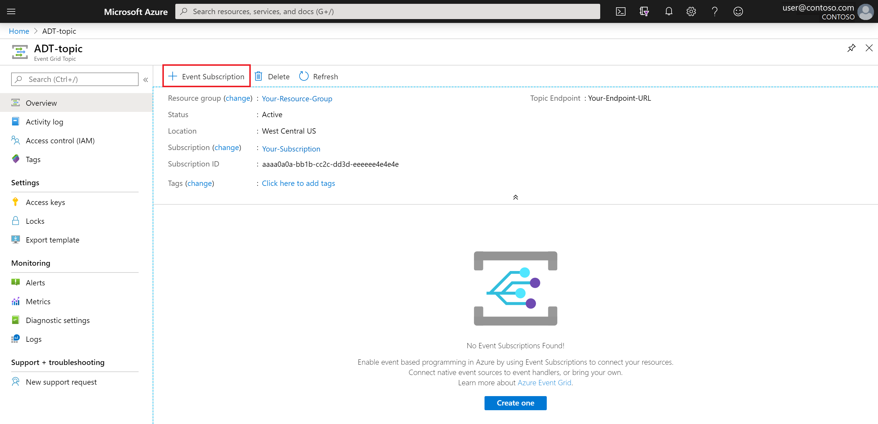 Snímek obrazovky znázorňuje, jak vytvořit odběr událostí na webu Azure Portal