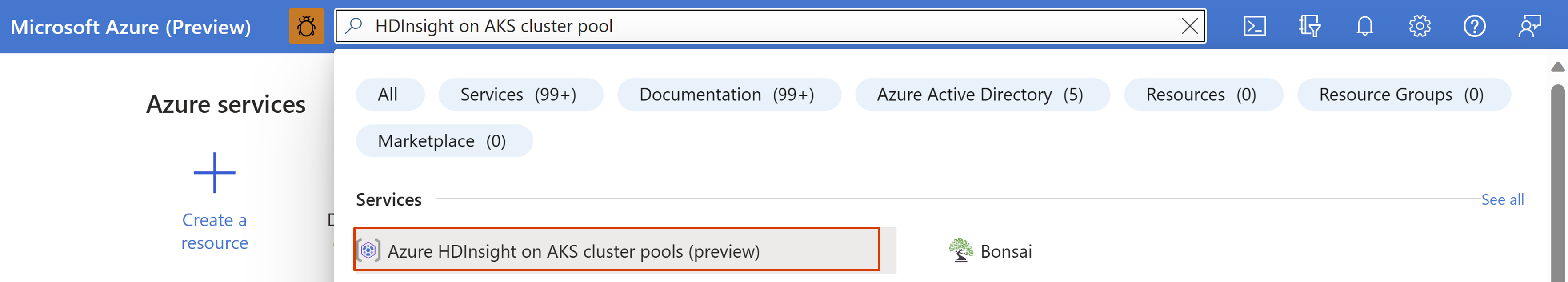 diagram zobrazující panel hledání na webu Azure Portal