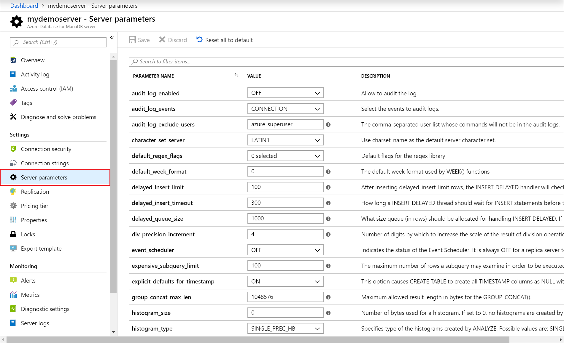 Server parameters