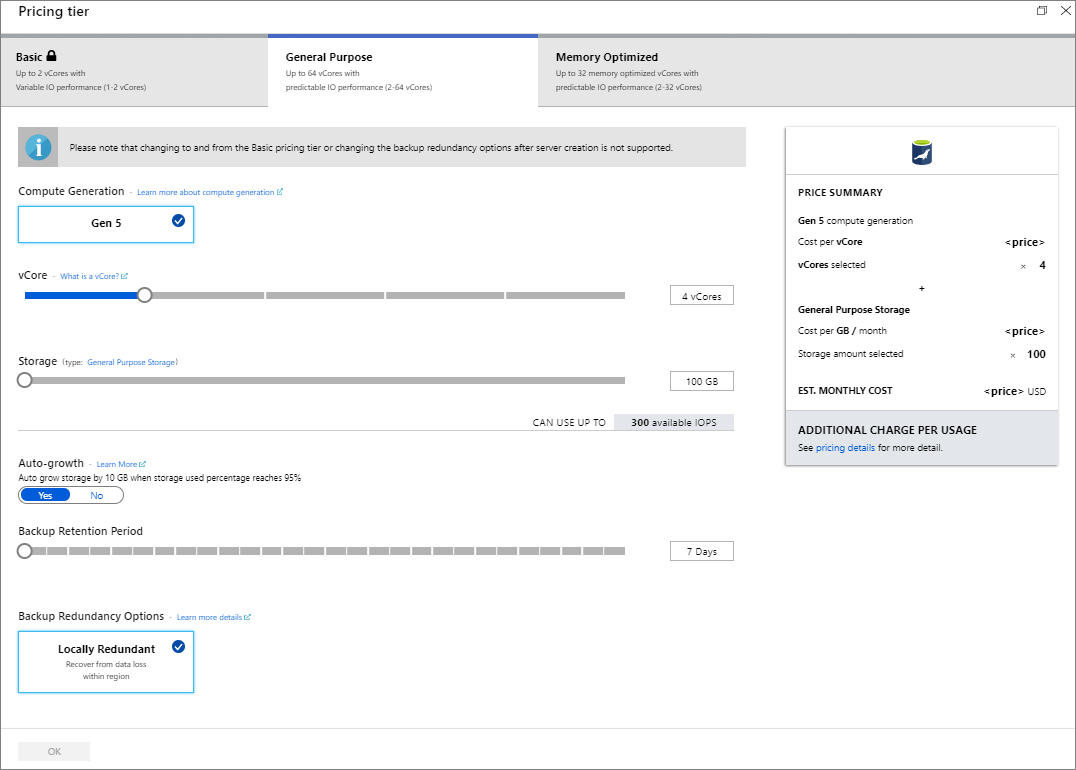 Create server - Pricing tier window