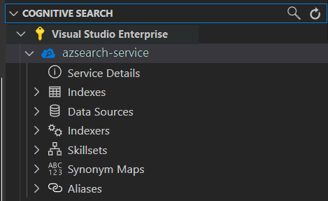 Strom služby Azure Search v editoru VS Code v Editoru VS Code