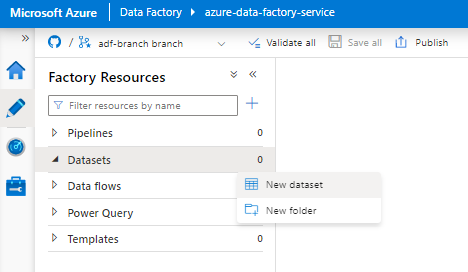 Snímek obrazovky, který ukazuje, jak zvolit novou datovou sadu v Azure Data Factory pro Snowflake