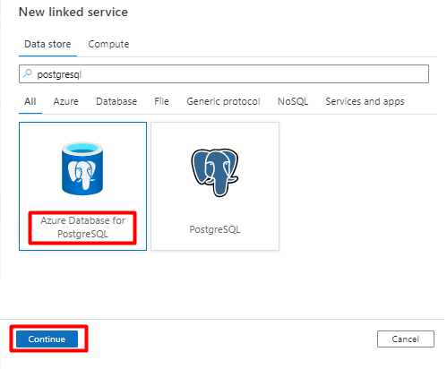 Jak zvolit úložiště dat PostgreSQL pro propojenou službu v Azure Data Factory.