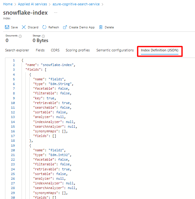 Snímek obrazovky, který ukazuje, jak zkopírovat existující Azure Cognitive Search konfiguraci JSON indexu pro existující index Snowflake