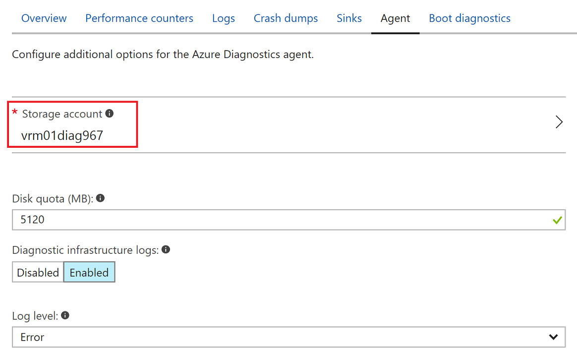 Snímek obrazovky s podoknem nastavení Azure Diagnostics