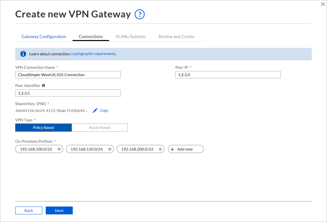 Vytvoření připojení brány VPN typu Site-to-Site