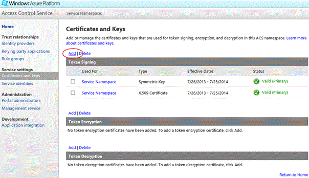 Windows Azure Certificates and Keys page