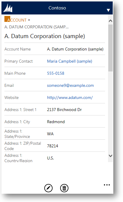 Formulář obchodního vztahu aplikace CRM pro telefony v aplikaci Dynamics CRM