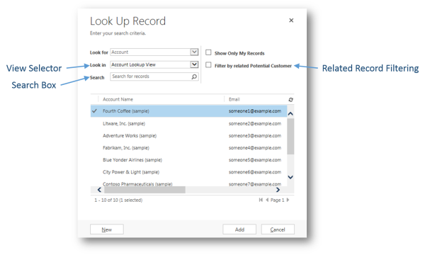 Prvky dialogového okna Vyhledat v aplikaci Dynamics CRM