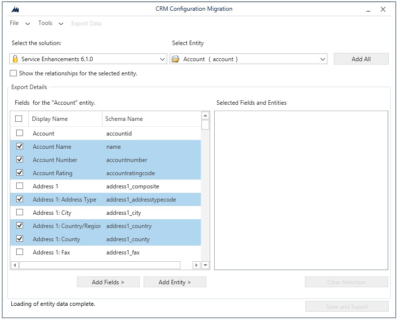 Vytvoření schématu dat k exportu v aplikaci Dynamics 365