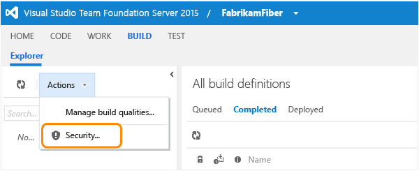 Security link in Actions menu on Build page