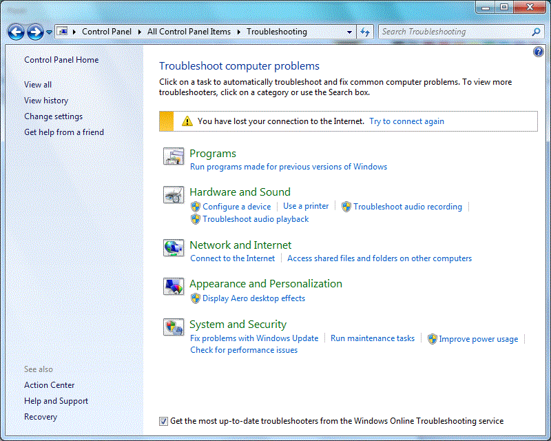 Figure 1: The Troubleshooting item in Control Panel