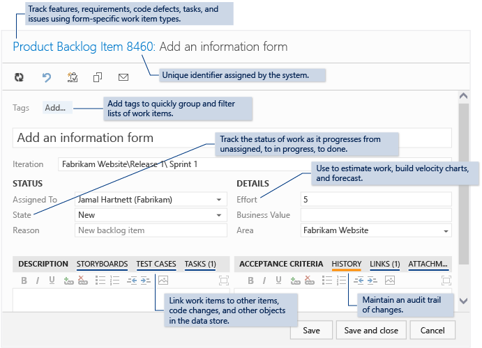 Work item form to track features or user stories