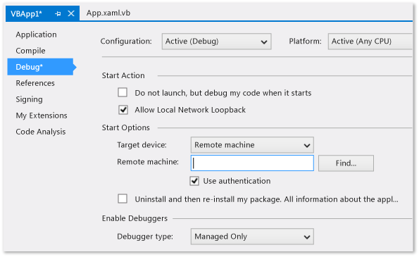 C# / VB projektu debug stránku vlastností