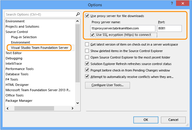 VS TFVC proxy configuration page, Options dialog