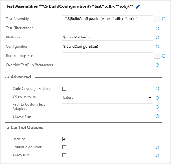 Build definition: customize unit test run