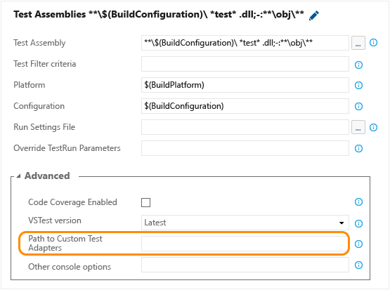 Build def, VSTest task, custom test framework