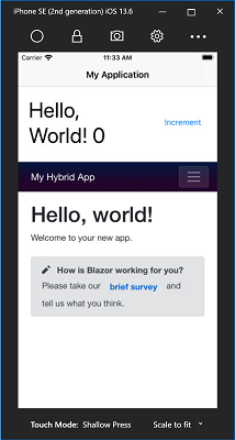 Hello World hybridní aplikace spuštěná v simulátoru iOS