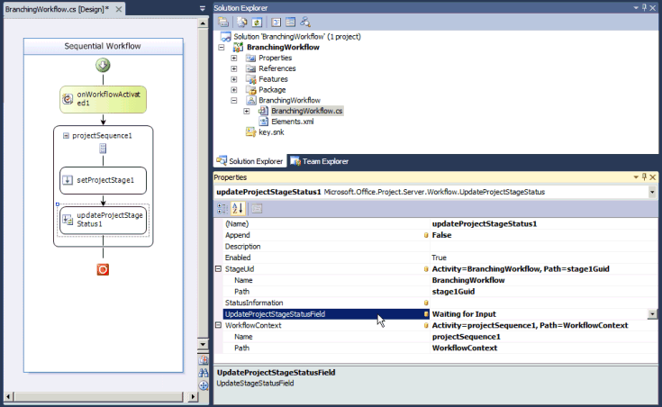 Setting properties for UpdateProjectStageStatus