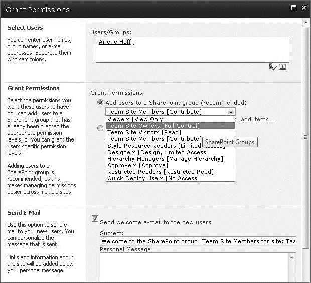 Adding a user to a SharePoint site