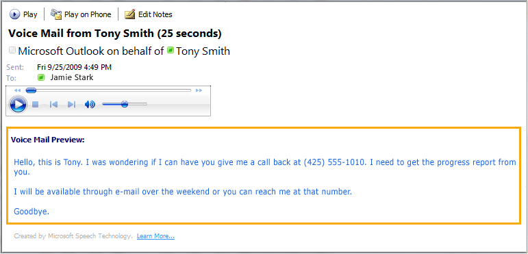 VoiceMailPreviewinOutlook