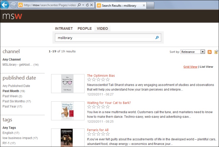 Search results page for the Video tab in list view