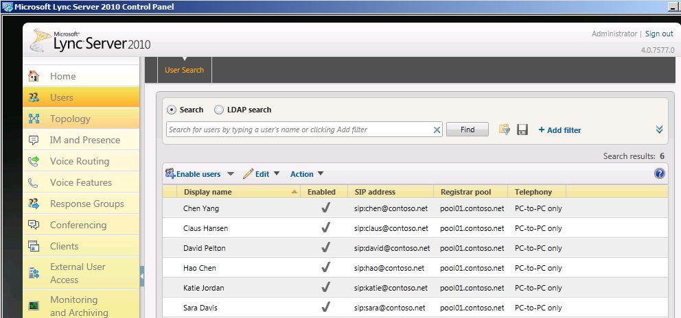 Lync Server 2010 Control Panel listing users
