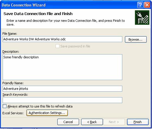 Excel Services - authentication settings button