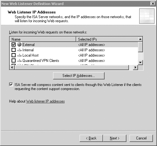 Web Listener IP Addresses window